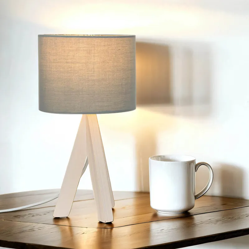 Preisknaller Edle Tischlampe Holz Stoffschirm Grau 31cm Ø17cm