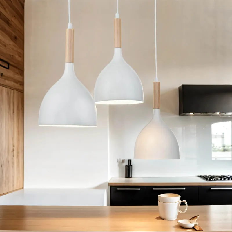 Hängelampe Weiß Metall Holz 3 flammig Sale