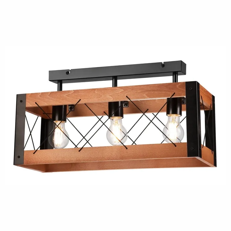 Highlight Deckenleuchte Holz Metall Rustikal L: 53 cm Schwarz 3x E27