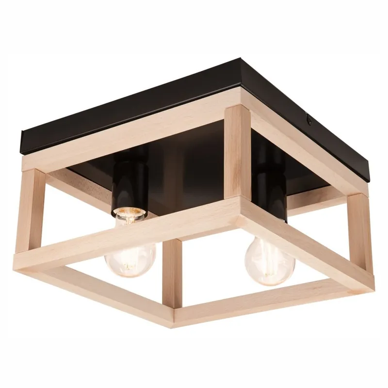 Top-Seller Deckenleuchte Schwarz Natur 2x E27 B: 30 cm eckig Holz Metall