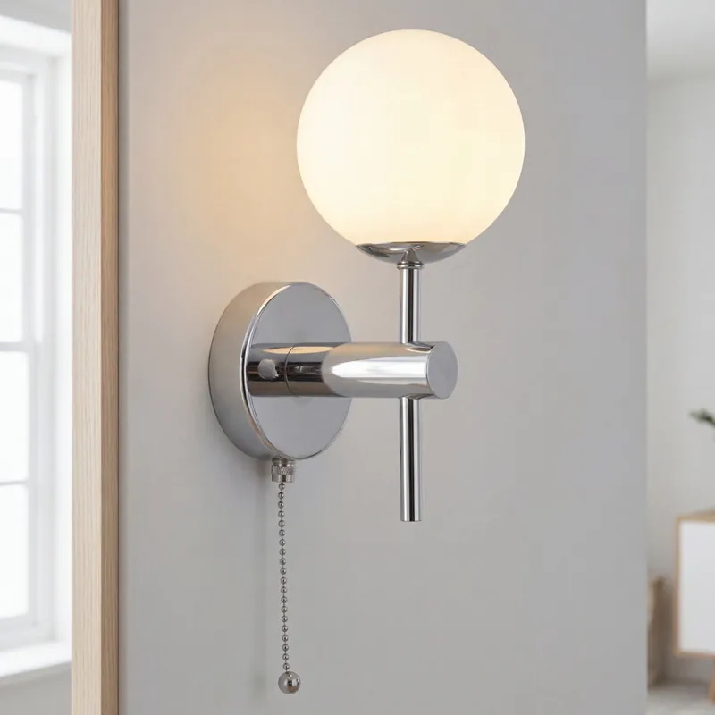 Begrenztes Angebot Wandlampe Bad IP44 Chrom Weiß Glas G9 mit Zugschalter