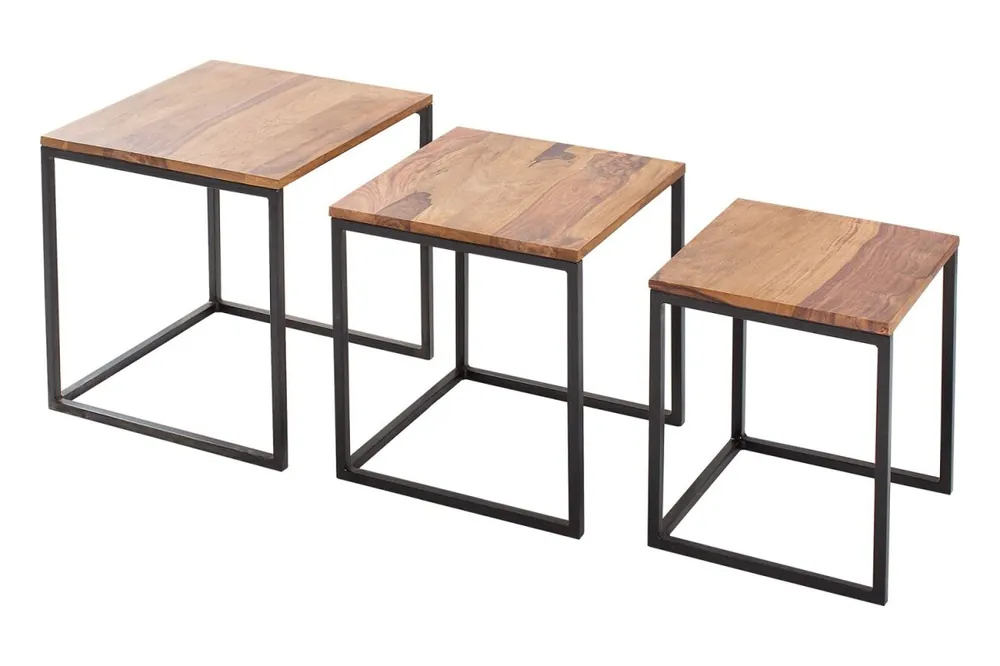 Beistelltisch Sheesham Holz Metall 3er Set in Natur Schwarz Aktuell