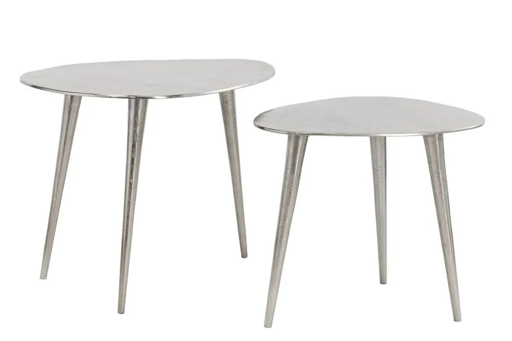 Bestpreis Couchtisch Metall in Silber 2er Set Dreibein Handarbeit