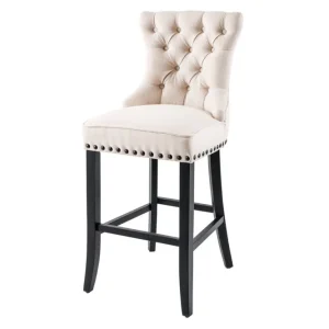 Barhocker mit Lehne in Beige Schwarz Chesterfield Stoff Holz Neue Ware