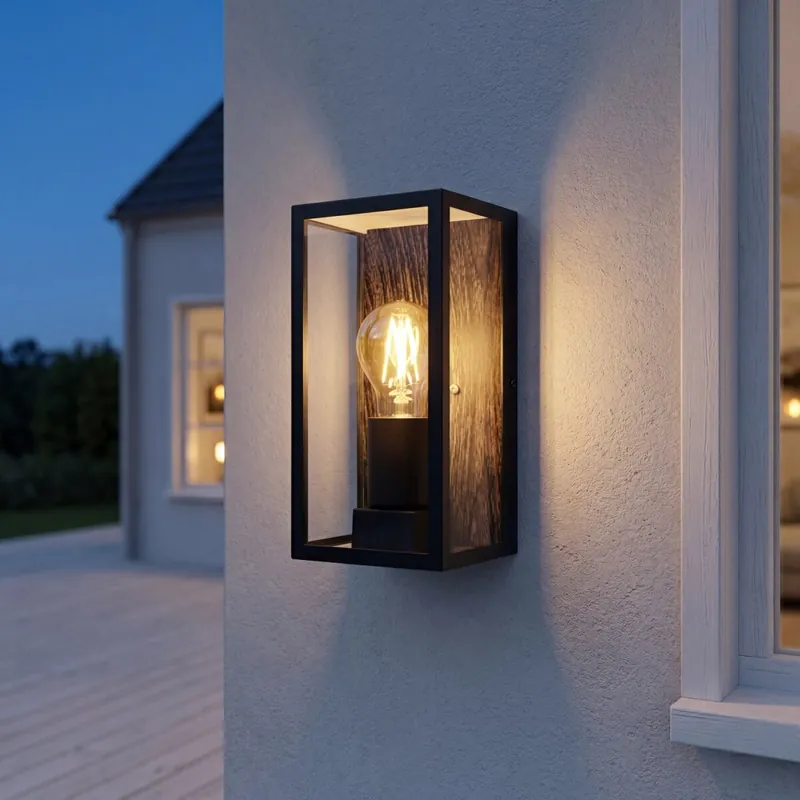 Außenwandleuchte Schwarz Holz Alu E27 IP44 B:11,5 cm Expressversand