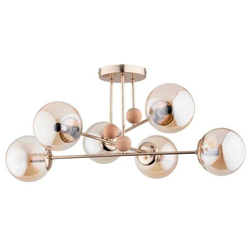 Deckenleuchte Rauchglas Metall 71 cm Gold Retro 6-flammig E14 Preis Gesenkt