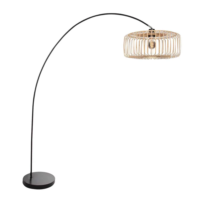 Lange Bogen-Stehlampe schwarz mit Natur-Schirm Mexlite Solva Direktkauf