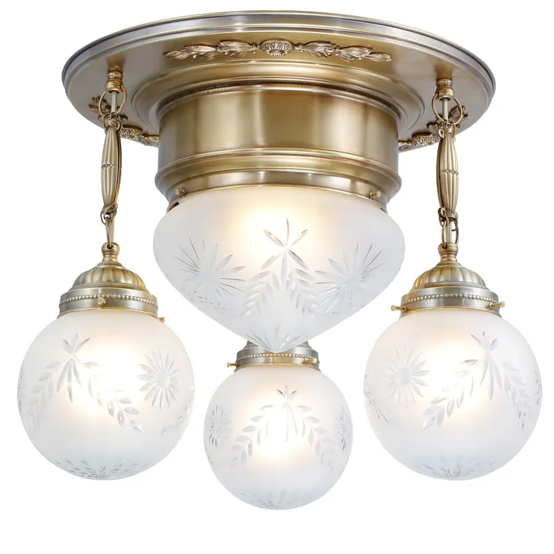 Sonderangebot Vierflammige Jugendstil-Plafoniere mit hängenden Kugelgläsern, Ø 42 cm