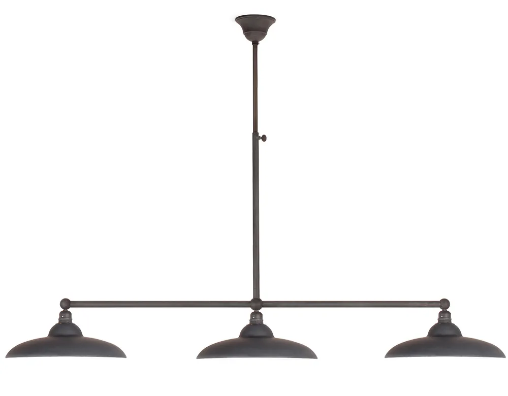 Rustikale Stabpendel-Balkenlampe mit drei flachen Schirmen Direktkauf