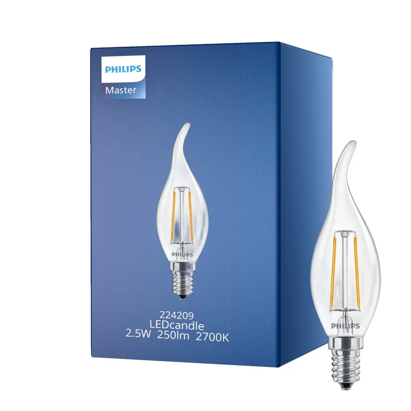 Philips Classic LED Kerze E14 Gebogene Spitze Fadenlampe Klar 2.5W 250lm - 827 Extra Warmweiß | Ersatz für 25W Sofort Bestellen