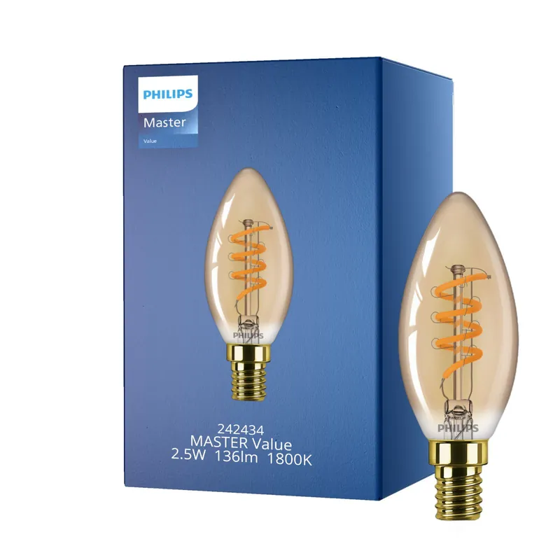 Zertifiziert Philips MASTER Value LED Kerze E14 Vintage Fadenlampe Gold 2.5W 136lm – 818 Extra Warmweiß | Dimmbar - Ersatz Für 15W