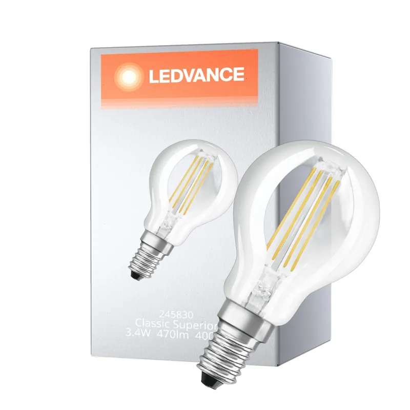 Abverkauf Ledvance Superior Classic LED E14 Kugel Fadenlampe Klar 3.4W 470lm - 940 Kaltweiß | Dimmbar - Höchste Farbwiedergabe