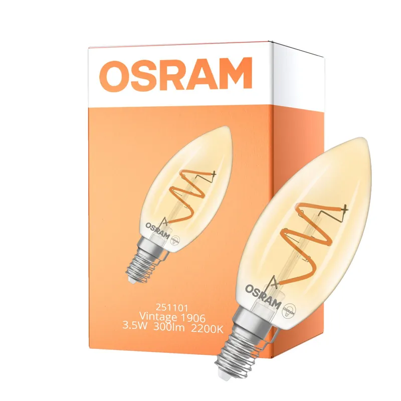 Jetzt Bestellen Osram Vintage 1906 LED Classic Slim E14 Kerze Fadenlampe Gold 3.5W 300lm - 922 Extra Warmweiß | Höchste Farbwiedergabe - Dimmbar - Ersatz Für 25W
