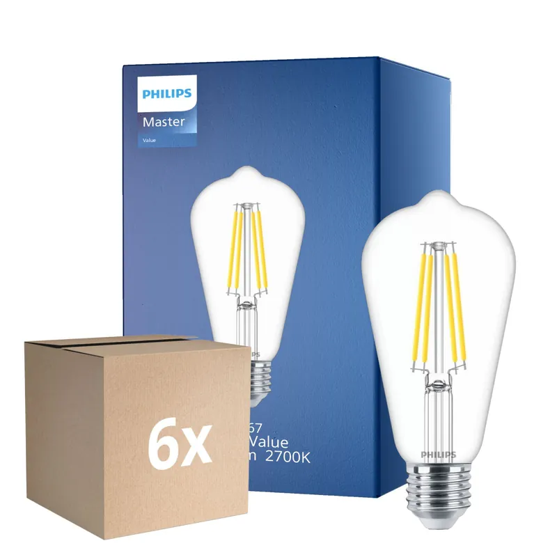 Sonderaktion Mehrfachpackung 6x Philips MASTER Value LED Glühbirne E27 Edison Fadenlampe Klar 5.9W 806lm - 927 Extra Warmweiß | Höchste Farbwiedergabe - Ersatz für 60W