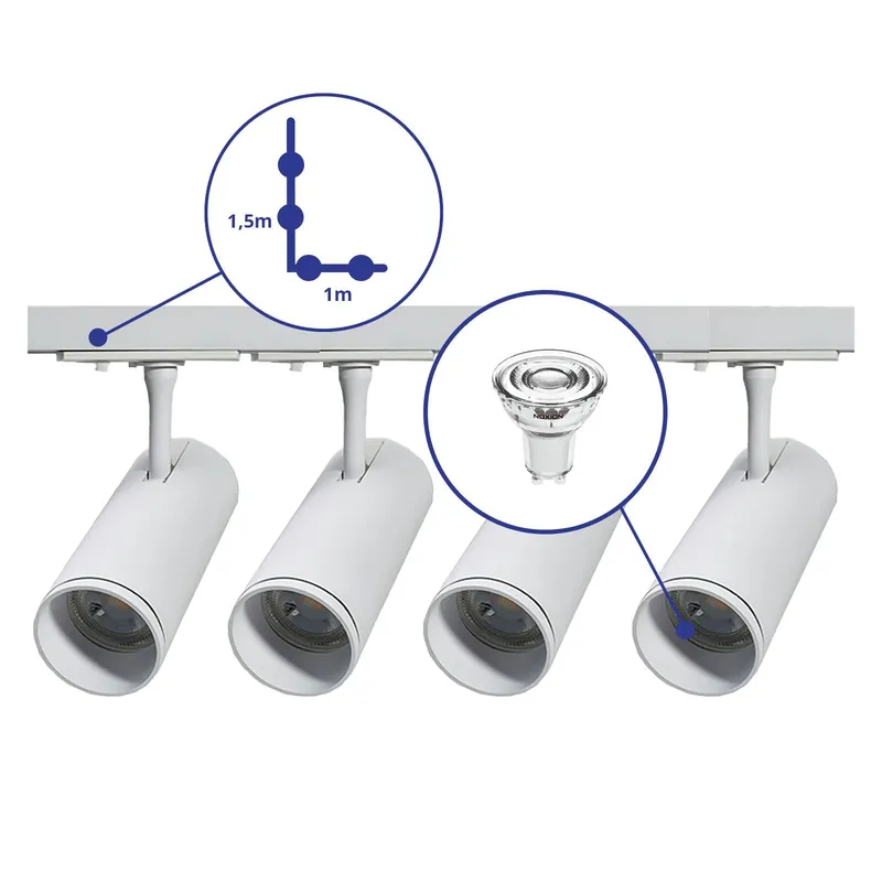 Zertifiziert Bright Choice Komplettset 1-Phasen Rail L 1 x 1,5 Meter Weiß | incl. 4x Spot + GU10 2700K 3W Dimmbar + Abschlusskappe, Stromanschluss und L -Verbinder