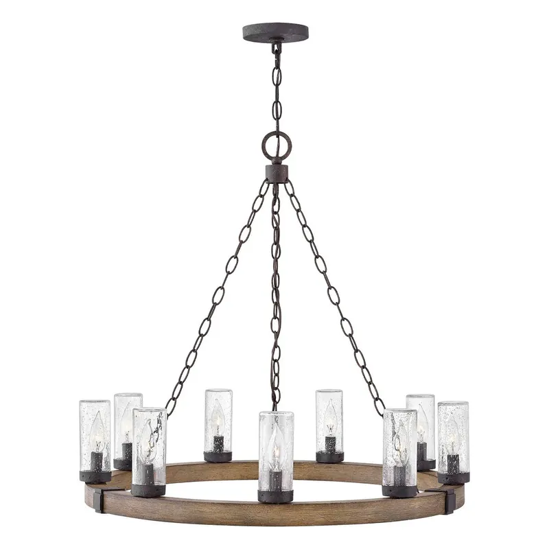 Knallerangebot Elstead Lighting Sawyer Pendelleuchte 9-flammig Sequoia-Holzoptik Rost-Eisen-Akzenten